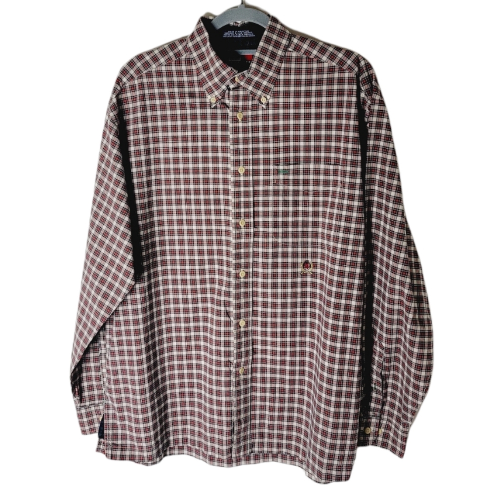 Tommy Hilfiger men's plaid button down shirt medium red black white cotton